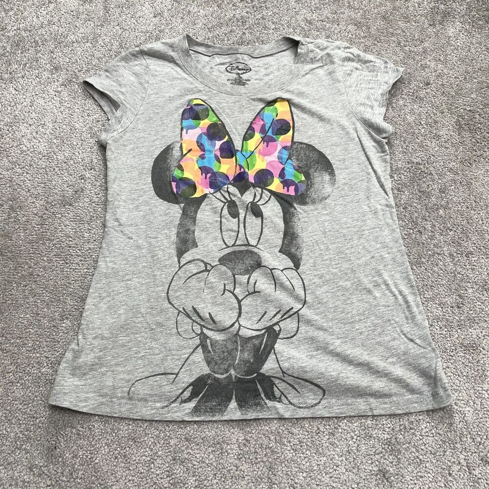 Disney Minnie Mouse Graphic T-Shirt Junior Large Gray Crew Neck Short Sleeve Tee
